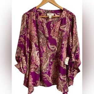 Simply Emma Blouse 1X purple paisley print 3/4 sleeves with tie cuffs